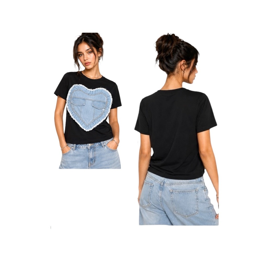 Estella Black Denim Heart Rhinestone Frayed Graphic Tee Shirt Womens Small